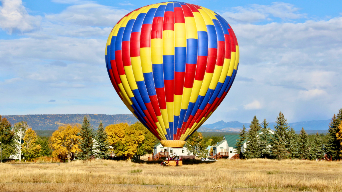hot air balloon landing in field on fall day