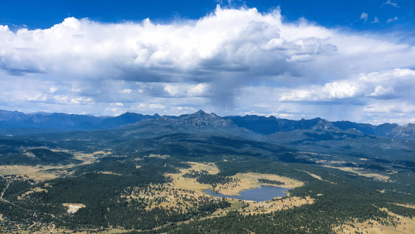 Aerial view of hot air balloon in pagosa springs colorado.