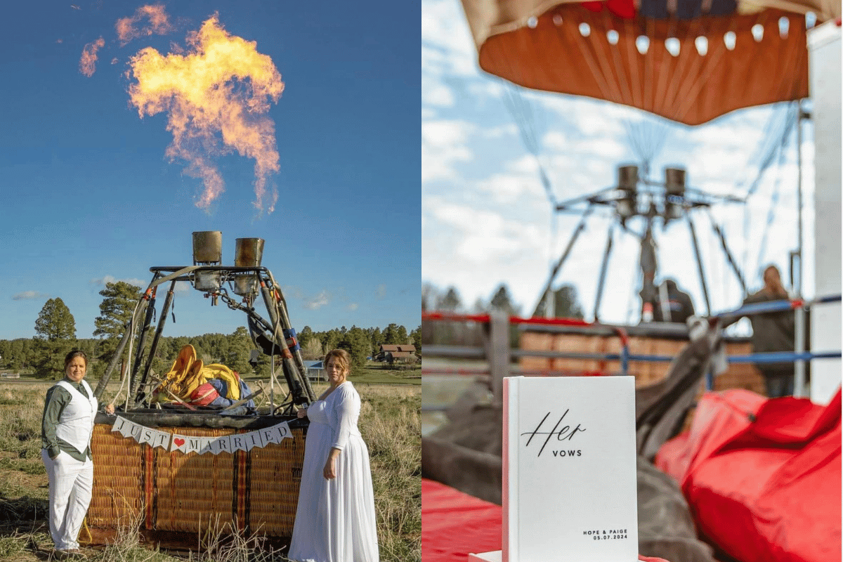 balloonengagment A hot air balloon with fire coming out of top with bride and a vow booklet.